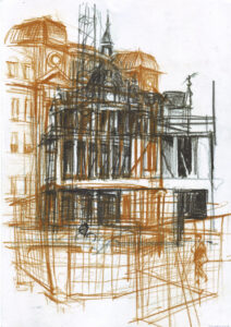 Drawing of a city building in Antwerpen Frankrijklei.