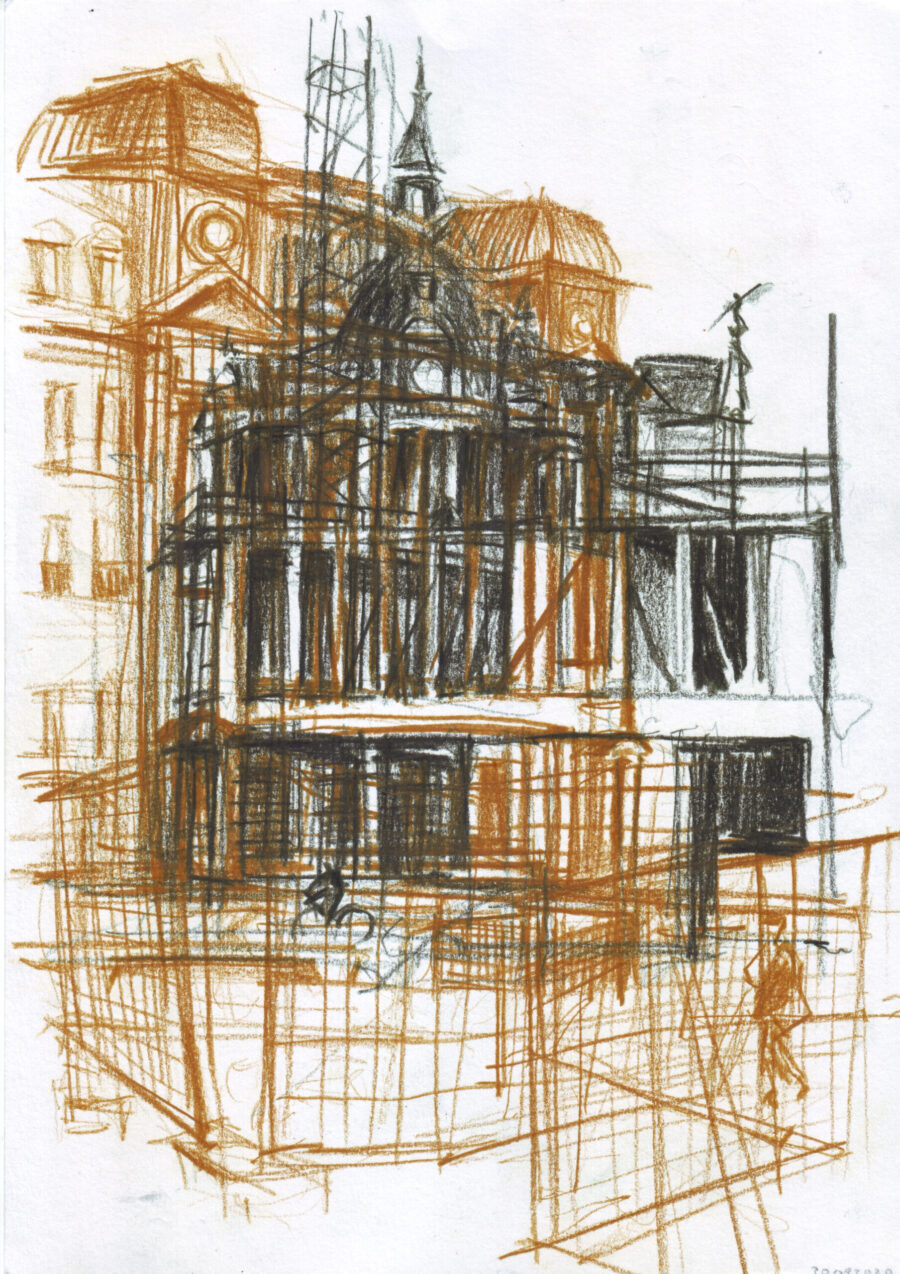Drawing of a city building in Antwerpen Frankrijklei.